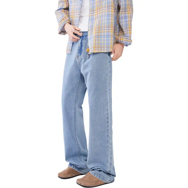 瑞梵帝斯 秋季微喇修身弯刀裤轻薄创意复古基础款纯色美式高街做旧水洗设计痞帅嘻哈潮流高级质感潮牌休闲显高显瘦牛仔裤 男款