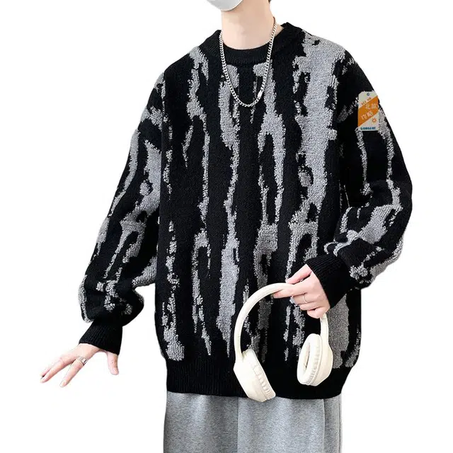 北欧攻略 慵懒风秋冬加厚保暖个性圆领撞色柔软舒适日常打底针织衫 男女同款