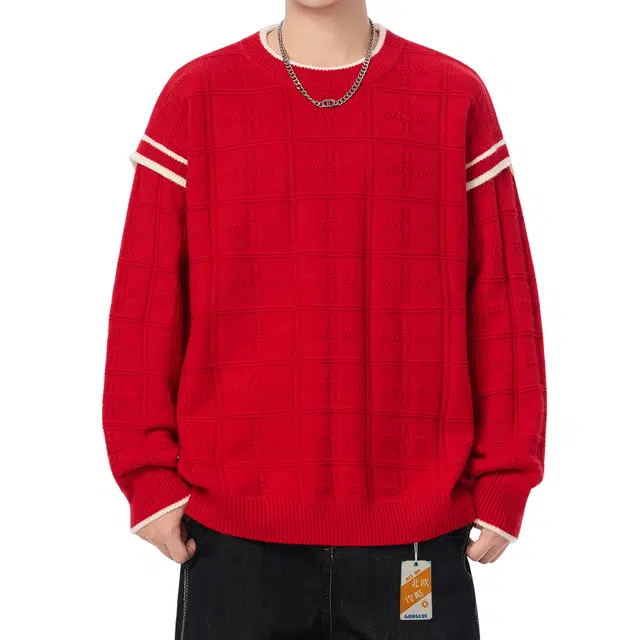 北欧攻略 美式高街套袖假两件条纹拼色艺术格子打底毛衣老钱风韩系休闲慵懒风柔软舒适亲肤几件通勤设计感圆领宽松大码针织衫 男女同款