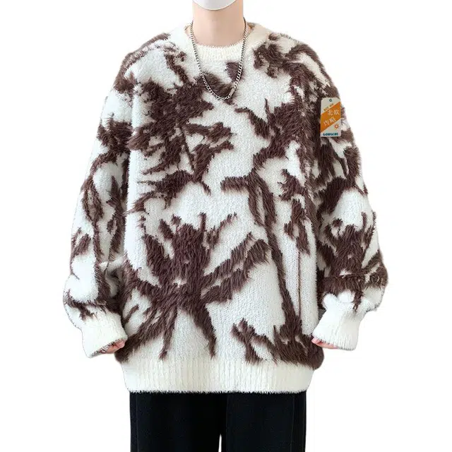 北欧攻略 拼色宽松柔软亲肤仿貂毛提花套头圆领保暖舒适针织衫 男女同款