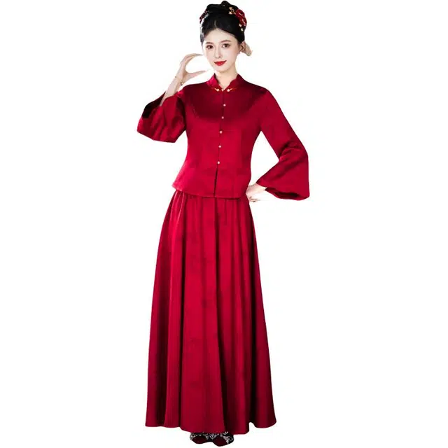荟萃阁 新中式国风喜庆婚宴立领盘扣提花复古长袖敬酒服裙装套装 女款