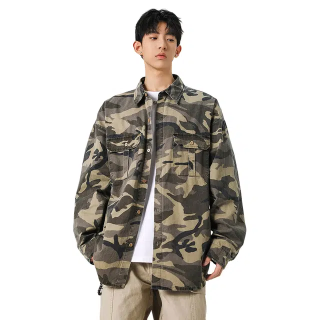 顶峰保罗 美式迷彩工装潮牌宽松慵懒运动高街痞帅做旧长袖翻领衬衫 男女同款