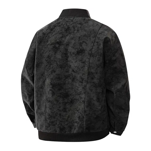 金贝勒 美式高街扎染复古设计感手绘仿刺绣小花字母印花棒球领外套潮流帅气秋装上衣基础款百搭拉链皮衣 男女同款