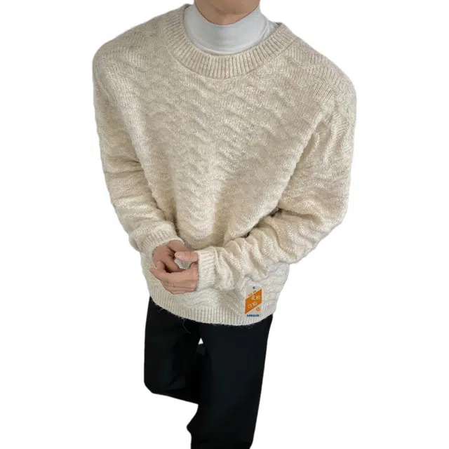 北欧攻略 秋冬重磅慵懒风波浪纹圆领毛衣软糯舒适保暖外穿内搭打底衫休闲潮流宽松百搭针织衫 男女同款