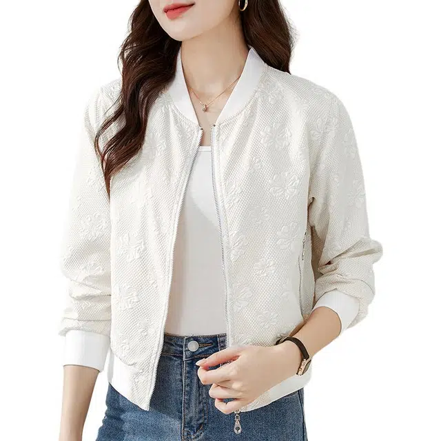 缪斯的诱惑 春秋优雅气质时尚设计满印肌理感复古风棒球领上衣运动休闲短款小香外套长袖针织衫高级感洋气减龄百搭舒适开衫立领夹克  女款