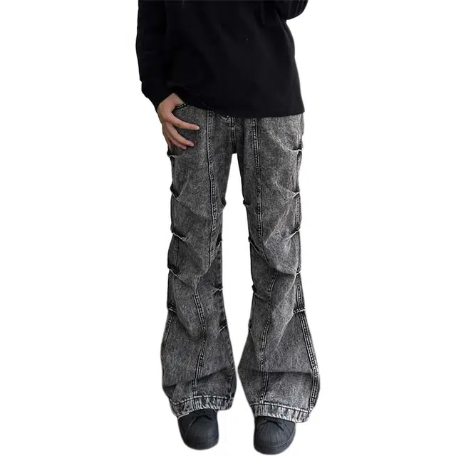 如续 美式复古高街风小众设计感微喇长裤潮牌个性痞帅炸街修身舒适牛仔裤 男款