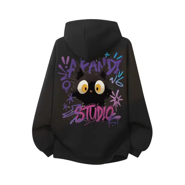 阿凡迪 美式高街卡通小猫字母格子连帽无性别主义休闲舒适运动长袖开衫落肩卫衣 男女同款