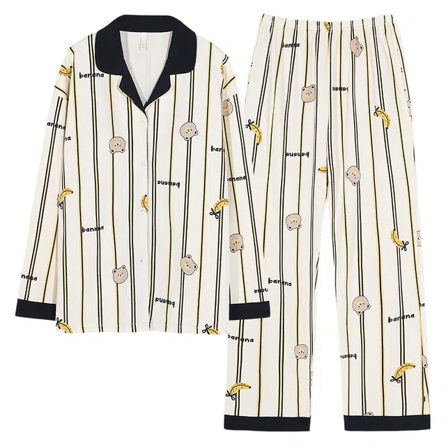 帕兰朵 带胸垫纯棉女春秋款开衫长袖长裤甜美家居服两件套睡衣套装 女款