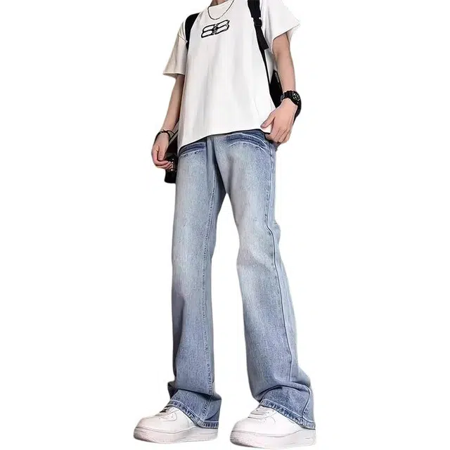 一碗士多 美式高街小众百搭闪电纹设计感做旧水洗个性时尚痞帅拍照垂感拖地阔腿直筒微喇经典款牛仔裤 男女同款