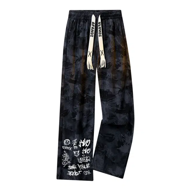 阿凡迪 潮牌涂鸦字母印花美式高街复古扎染宽松中腰系带抽绳阔腿垂感直筒日常百搭运动透气休闲裤 男女同款