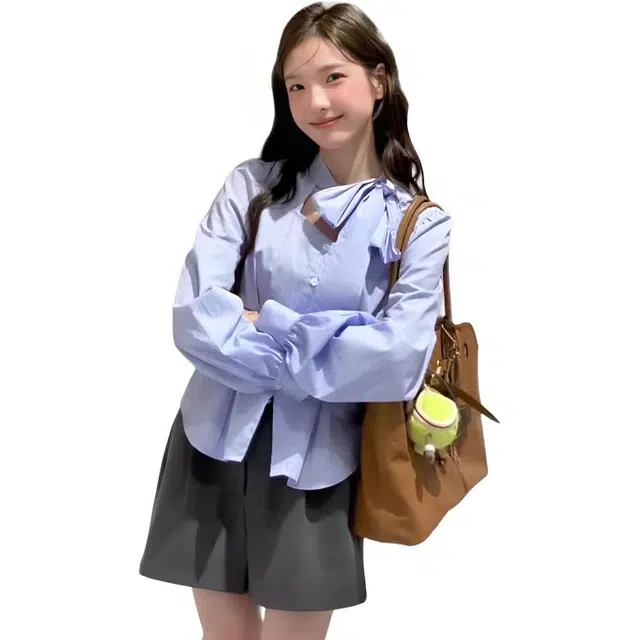 轻迎 蝴蝶结条纹常规长袖法式短款衬衣内搭上衣衬衫 女款