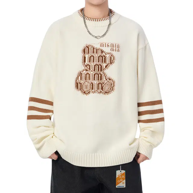 北欧攻略 美式高街休闲百搭字母小熊刺绣条纹套头打底时尚潮流复古穿搭慵懒风个性衫秋冬季保暖柔软舒适宽松大码针织衫 男女同款