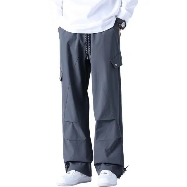 华夏儿女 美式复合防风防水高街宽松百搭时尚潮流运动户外山系直筒中腰垂感速干透气长裤日系简约伞兵褶皱舒适机能工装裤休闲裤 男款