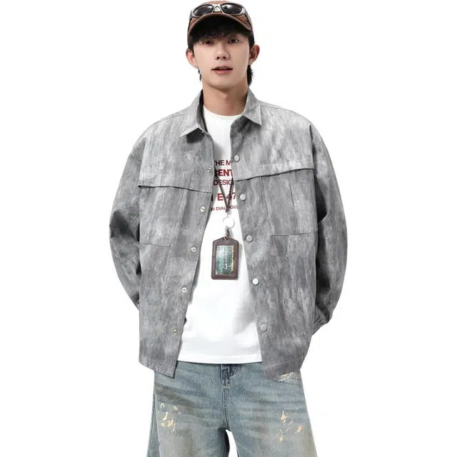洋气先生 美式高街潮流扎染翻领牌长袖设计纯色单排扣痞帅城市机能休闲时尚舒适亲肤日常通勤无性别主义简约百搭外套夹克 男女同款