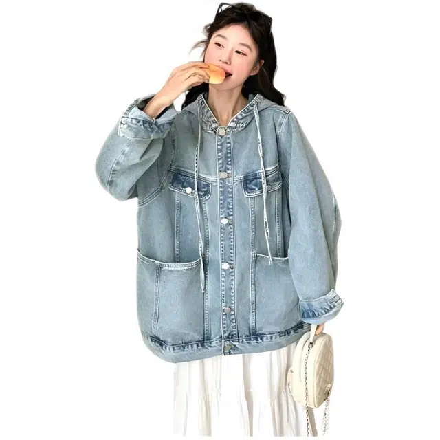 木木兔 潮流时尚秋季女装 美式做旧百搭大码宽松夹克潮情侣同款牛仔外套 女款