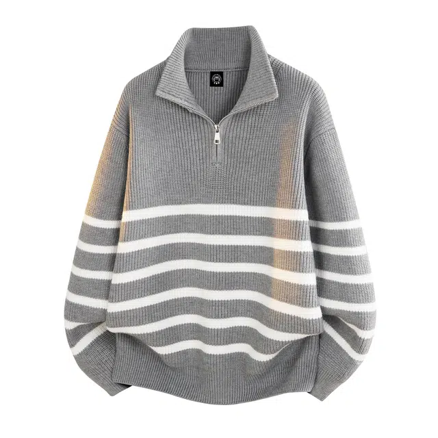 吾皇猫 美式高级感条纹撞色半开领拉链设计舒适慵懒宽松百搭休闲日常通勤长袖针织衫毛衣 男女同款