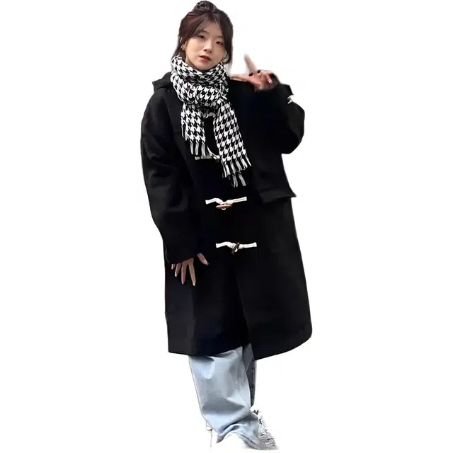 小卷要加油 牛角扣毛呢大衣女秋冬中长款小个子连帽呢子外套加厚 风衣 女款