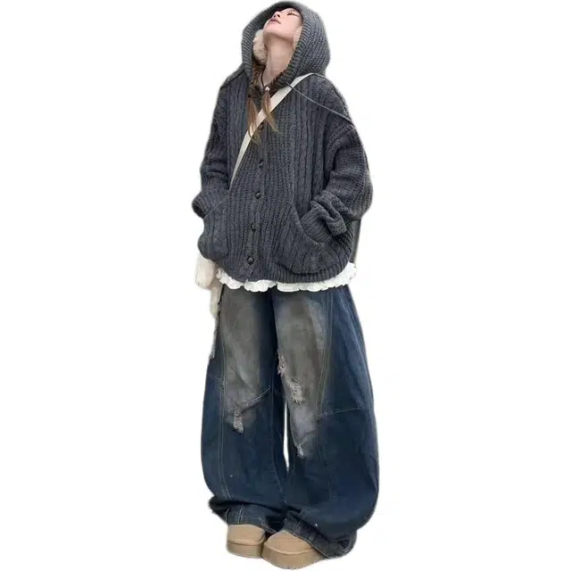 敲模女孩 美式复古街头开衫外套宽松潮牌针织衫 女款