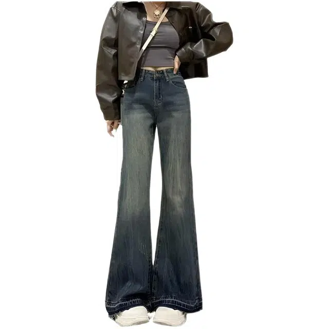 木木兔 潮流时尚秋季裤子女 窄版阔腿裤高腰垂感小个子浅色宽松直筒裤 牛仔裤 女款