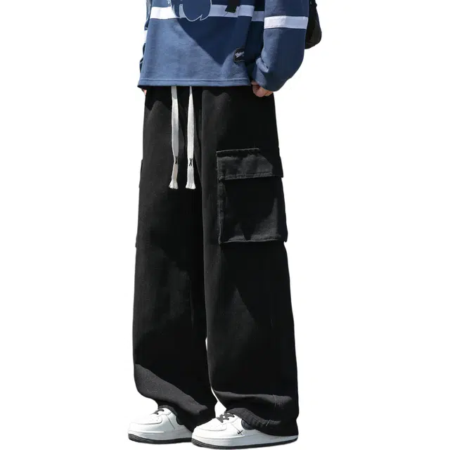 瑞梵帝斯 美式潮流时尚高街经典复古重磅水洗做旧拼接工装大口袋日常通勤户外中腰直筒休闲系带百搭宽松牛仔裤 男款