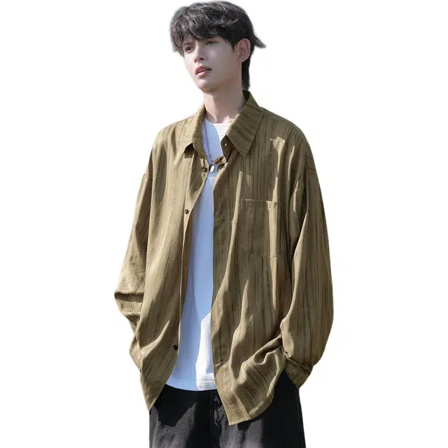 瑞梵帝斯 翻领宽松透气条纹设计痞帅纹理感重磅慵懒学院风时尚潮流百搭通勤休闲长袖衬衫 男款