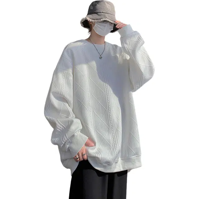 洋气先生 个性简约正肩设计感小众高级感穿搭重磅时尚潮流宽松百搭学生通勤春秋季港风提花长袖圆领套头上衣美式复古打底卫衣 男女同款