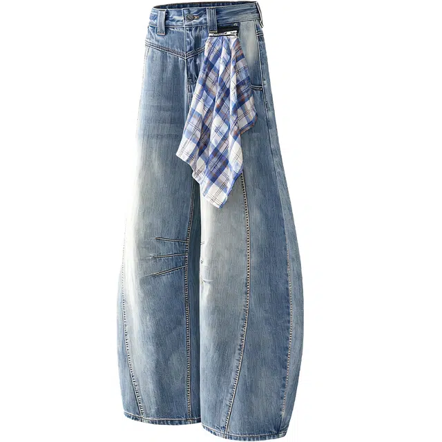 寻星记 美式复古小众设计低腰宽松阔腿弯刀与格子可拆卸方巾休闲无性别百搭裤牛仔裤 男女同款