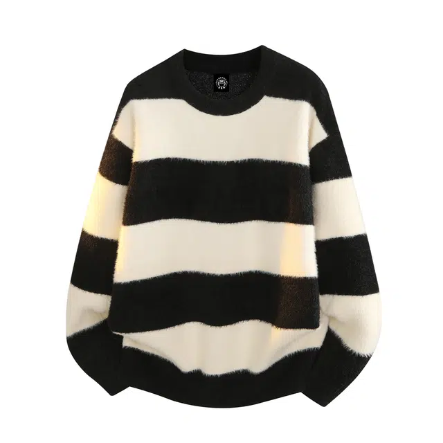 吾皇猫 复古潮牌黑白条纹撞色慵懒软糯仿貂绒马海毛舒适亲肤圆领套头打底针织衫宽松内搭加厚保暖休闲日常通勤长袖毛衣 男女同款