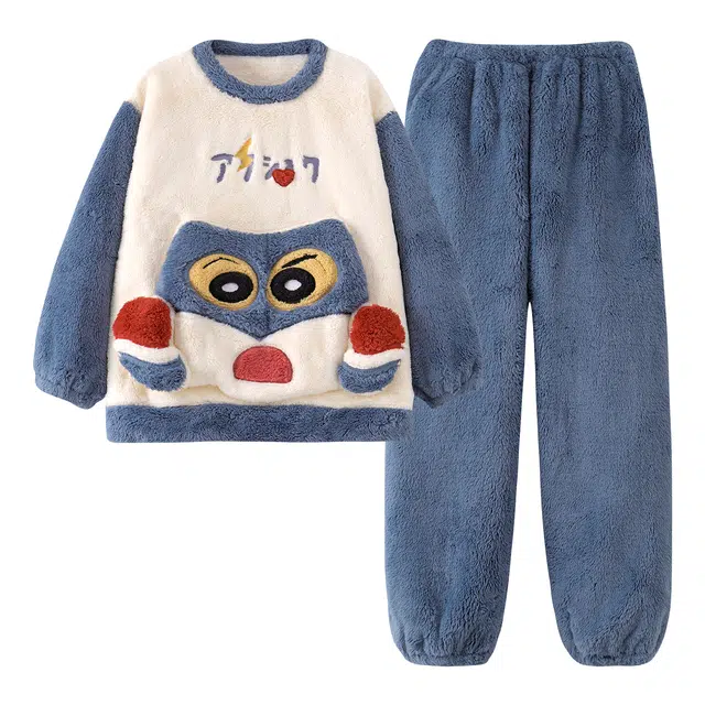 俏霓桐 冬季保暖蓄温加厚加绒撞色可爱卡通简约休闲圆领长袖长裤家居服可外穿睡衣套装 男款