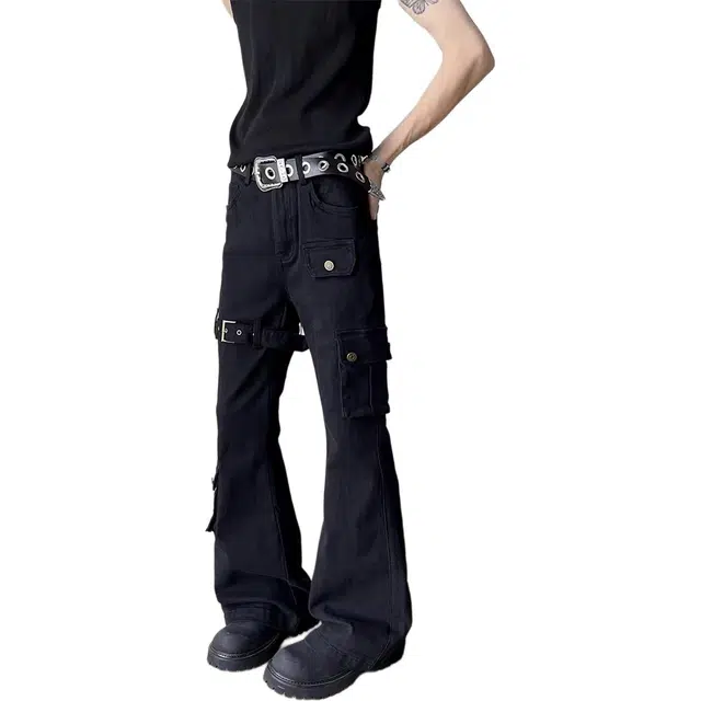 如续 美式复古高街风多口袋拼接设计百搭长裤潮流痞帅炸街微喇牛仔裤 男款