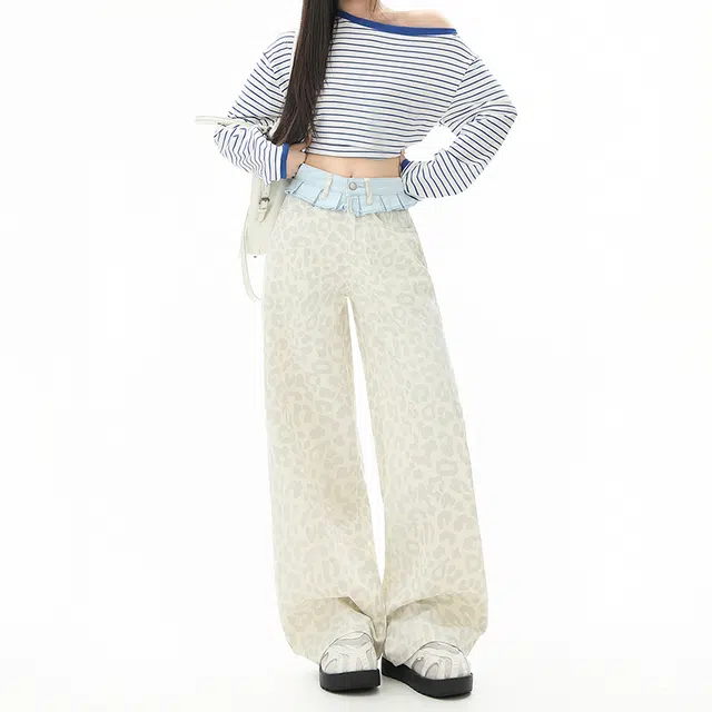 如续 美式复古拼接豹纹阔腿辣妹风个性设计裙摆拖地裤女牛仔裤 女款
