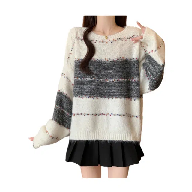 荟萃阁 条纹宽松适中圆领长袖针织衫 女款