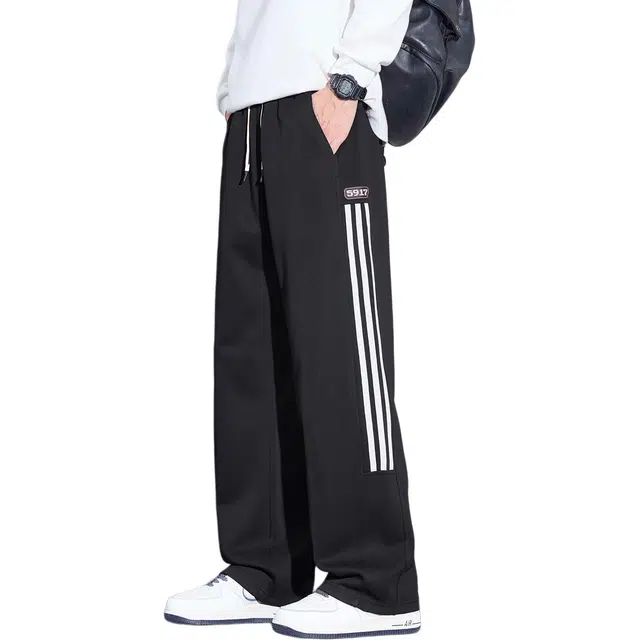 协协乐 美式复古三条杠卫裤春秋季潮牌宽松直筒阔腿拖地裤百搭青少年弹力抽绳痞帅运动长裤休闲裤 男款