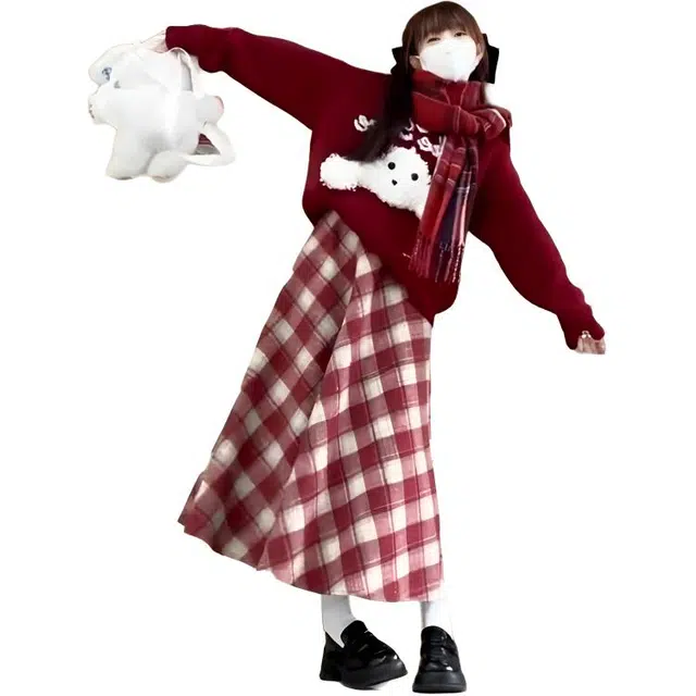 小卷要加油 格子高腰复古中长款半身裙秋冬甜美毛呢裙子裙 休闲长裙 女款