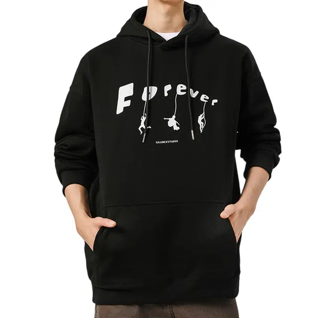 冈哉 趣味抽象人物字母印花设计美式复古高街潮流痞帅连帽套头纯色通勤百搭垂感落肩卫衣 男女同款