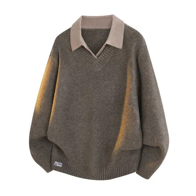 吾皇猫 复古老钱风假两件海鸥领撞色高级感设计舒适加厚保暖宽松内搭休闲日常打底长袖针织衫毛衣 男女同款