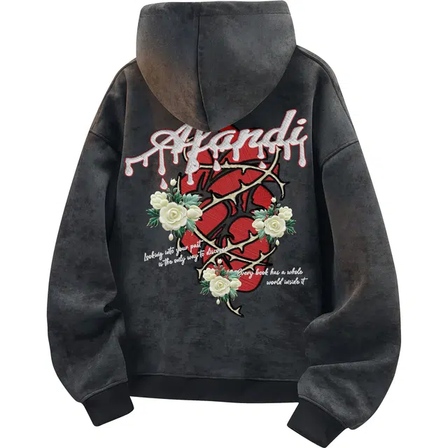 阿凡迪 美式复古街头简约基础扎染仿刺绣花卉心脏字母潮牌印花宽松舒适休闲百搭时尚潮流通勤无性别主义抽绳长袖重磅连帽卫衣 男女同款