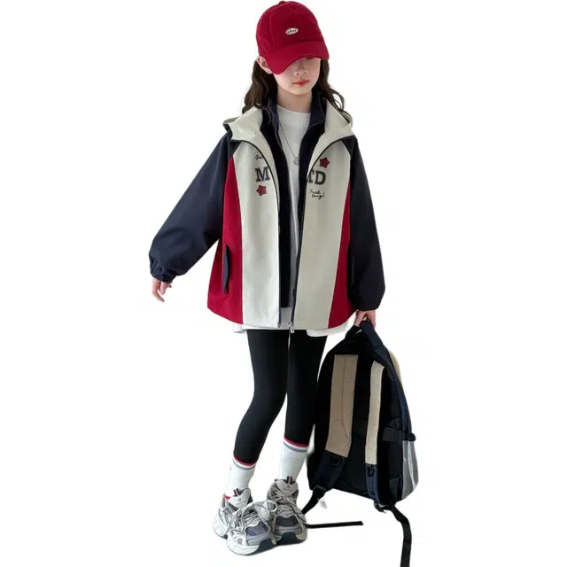 蓝彩何上装 女童春秋冬款韩版休闲连帽冲锋衣外套女大童时髦洋气儿童三合一装