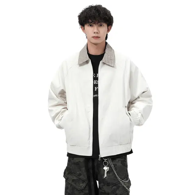 马员外 休闲百搭格子翻领拼接百搭时尚简约宽松夹克外套 男款