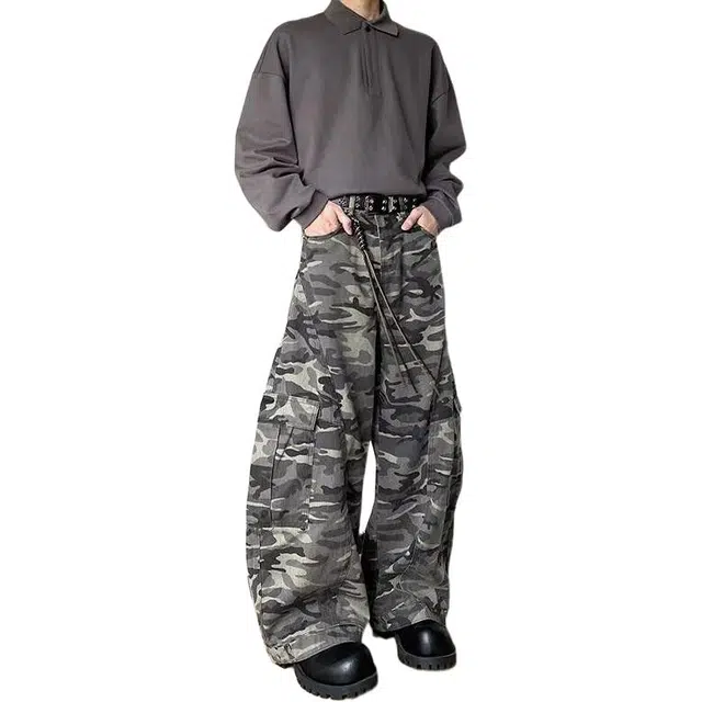 一碗士多 美式街头多口袋复古解构明显设计拼接迷彩弯刀痞帅个性时尚垂感拖地阔腿直筒牛仔裤 男女同款