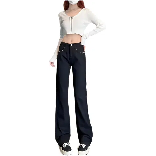 木木兔 潮流时尚秋季裤子女 高腰韩版喇叭裤休闲显瘦微喇裤 牛仔裤 女款