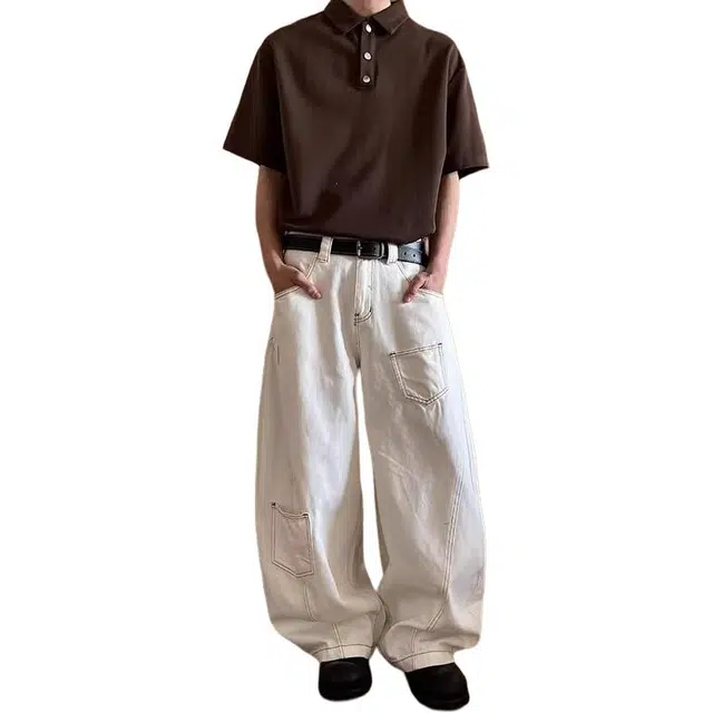 如续 美式复古高腰弯刀口袋拼接设计感潮流高街宽松显瘦休闲阔腿牛仔裤 男款