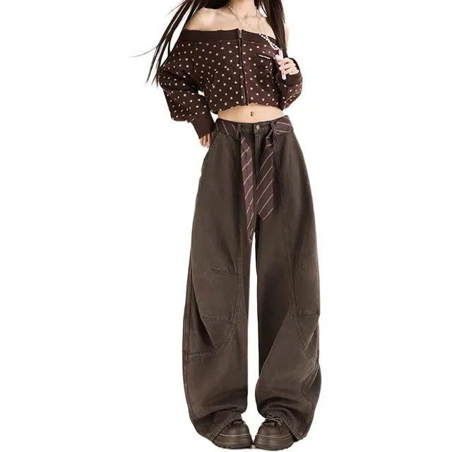 如续 工装裤女秋季水洗棉复古休闲春秋弯刀宽松阔腿裤子牛仔裤 女款