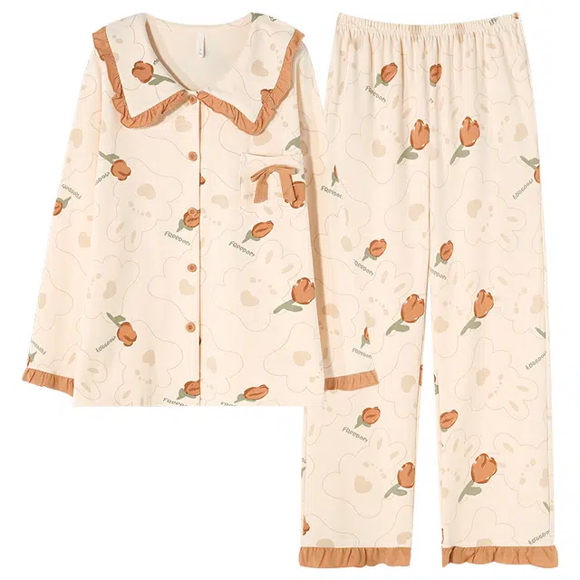 帕兰朵 春秋款带胸垫长袖开衫甜美家居服纯棉舒适透气亲肤女睡衣套装 女款