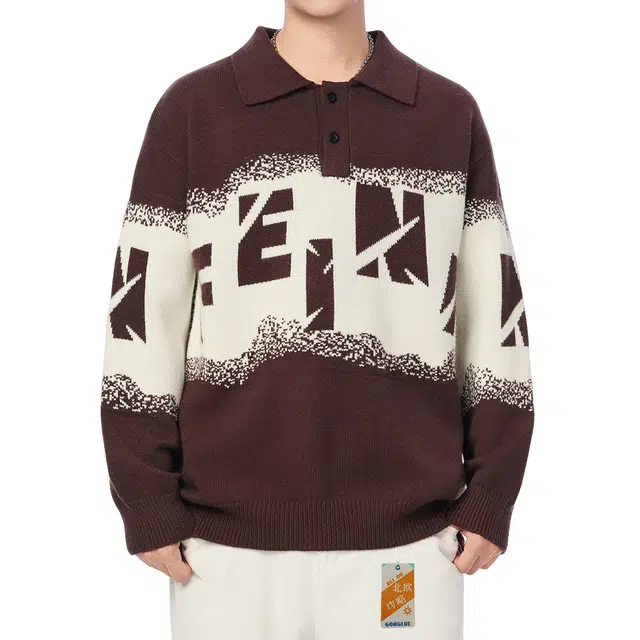 北欧攻略 老钱风复古百搭衬衫翻领拼色字母打底衫毛衣宽松街头简约舒适上衣落肩大码胖子慵懒风松弛感日常通勤休闲针织衫 男女同款