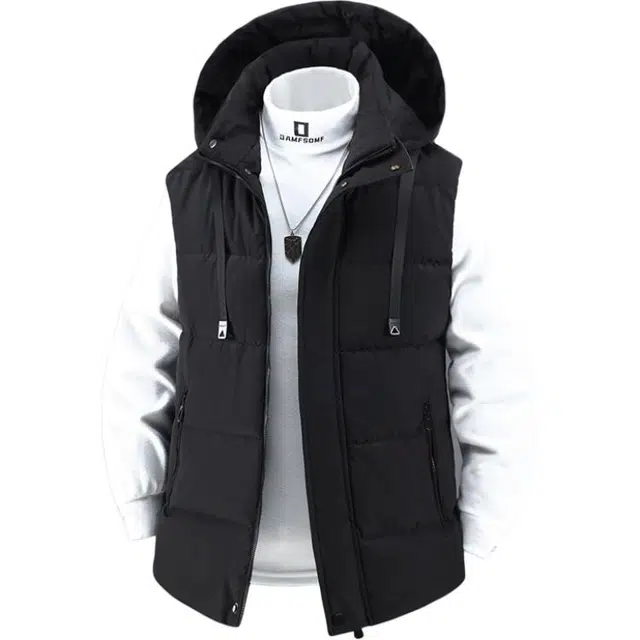 马员外 美式高街复古休闲宽松百搭日常舒适户外纯色连帽开衫可脱卸帽子保暖拉链抽绳无袖马甲 男女同款