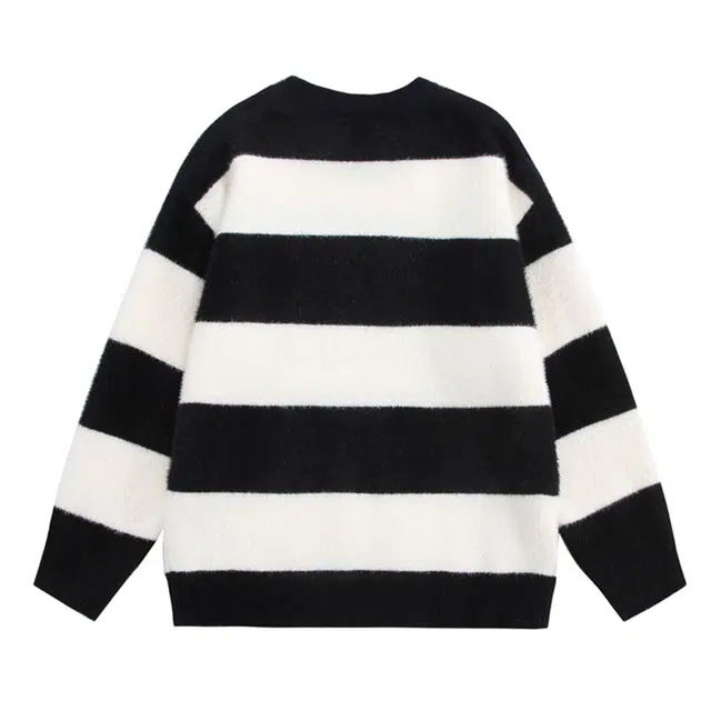 吾皇猫 复古潮牌黑白条纹撞色慵懒软糯仿貂绒马海毛舒适亲肤圆领套头打底针织衫宽松内搭加厚保暖休闲日常通勤长袖毛衣 男女同款