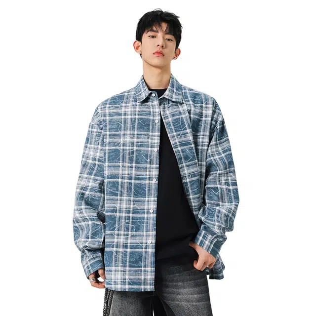 顶峰保罗 美式复古撞色晕染格子长袖衬衣无性别主义潮牌慵懒风外套百搭休闲简约翻领上衣宽松大码衬衫 男女同款