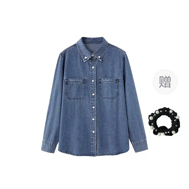 雾闪闪 明星章若楠难哄温以凡同款风范春秋必备牛仔长袖衬衣 衬衫 女款