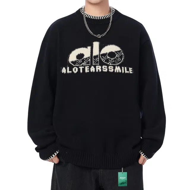 北欧攻略 美式高街设计感时尚字母刺绣百搭圆领套头保暖打底衫毛衣学院风简约秋冬季内搭日常通勤上衣穿搭长袖针织衫 男女同款